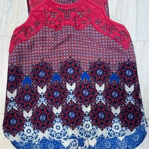 Red and Blue Sleeveless Top with crochet neckline